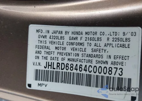 2004 Honda Cr-V Lx z USA, uszkodzony, nr VIN JHLRD68464C000873